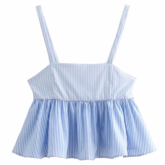 New Zara Blue and White Striped Open-Back Cropped Tank Top - Picture 7 of 16